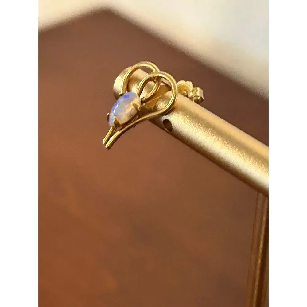 14K Yellow Gold Opal Heart Earrings Butterfly Clip Pierced Blue Green Fire Flash